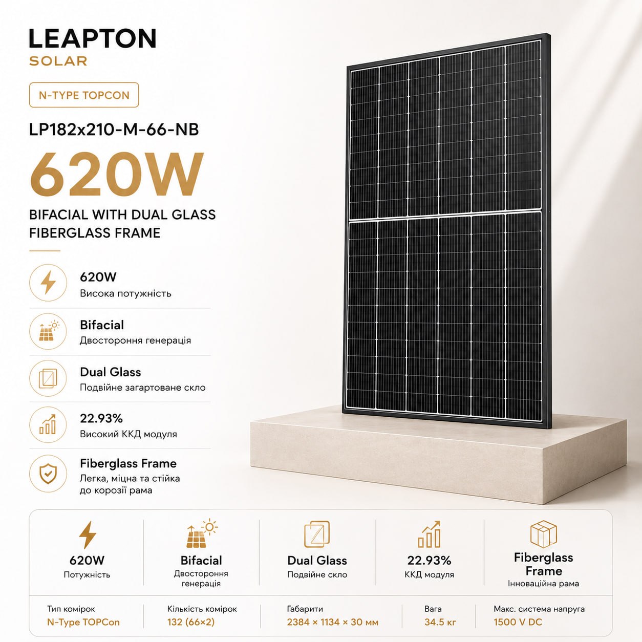 Leapton LP182x210-M-66-NB-620W Fiberglass Frame Bifacial Dual Glass