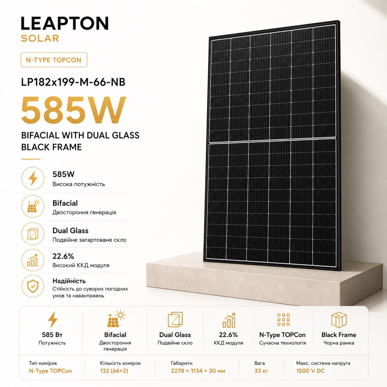 Leapton LP182x199-M-66-NB-585W Black Frame Bifacial Dual Glass
