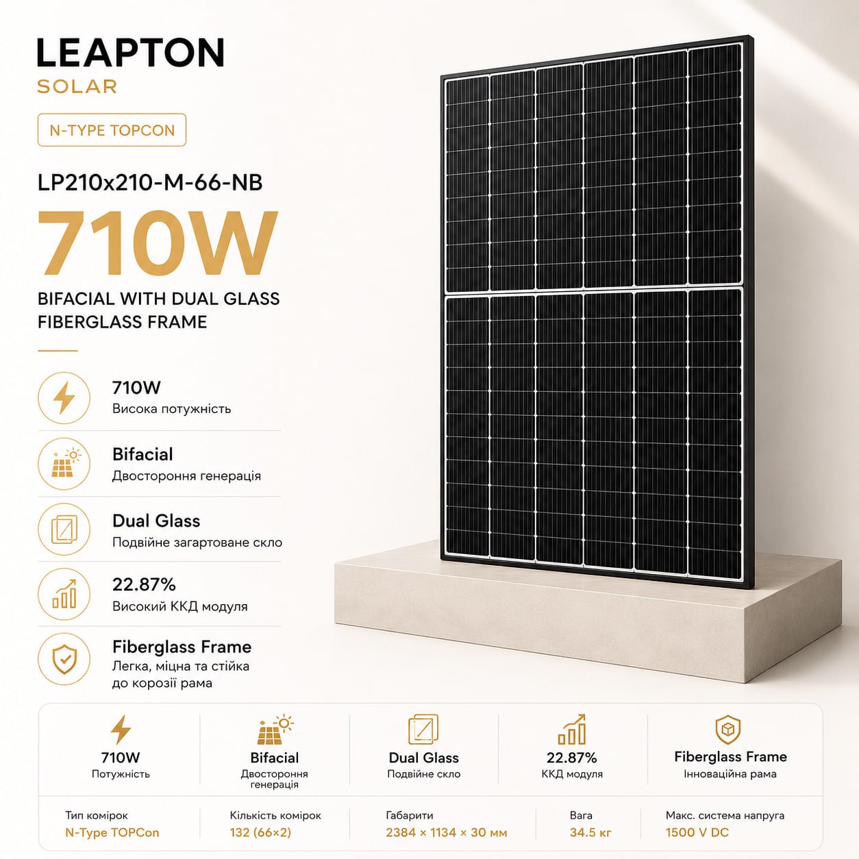 Leapton LP210x210-M-66-NB-710W Fiberglass Frame Bifacial Dual Glass